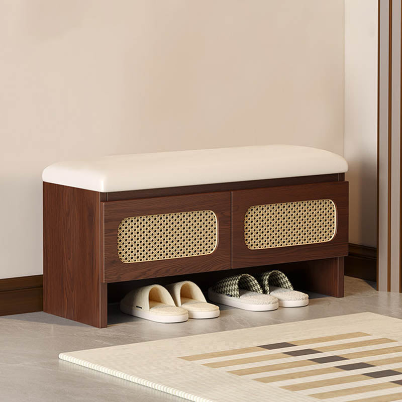 Traditional Japanese Rectangular Rubberwood PU Leather PVC Rattan Shoe Storage Bench For Entryway