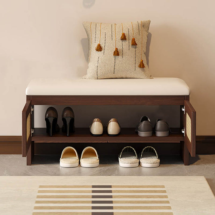 Traditional Japanese Rectangular Rubberwood PU Leather PVC Rattan Shoe Storage Bench For Entryway