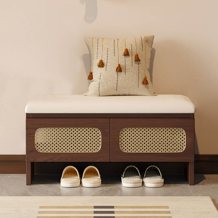 Traditional Japanese Rectangular Rubberwood PU Leather PVC Rattan Shoe Storage Bench For Entryway