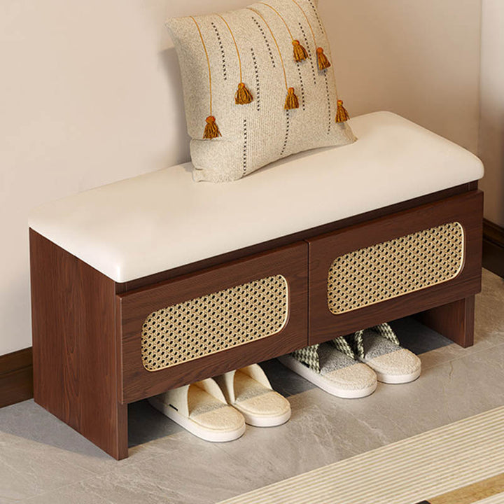 Traditional Japanese Rectangular Rubberwood PU Leather PVC Rattan Shoe Storage Bench For Entryway