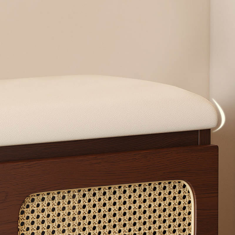 Traditional Japanese Rectangular Rubberwood PU Leather PVC Rattan Shoe Storage Bench For Entryway
