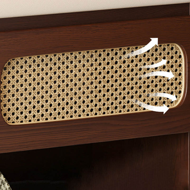 Traditional Japanese Rectangular Rubberwood PU Leather PVC Rattan Shoe Storage Bench For Entryway