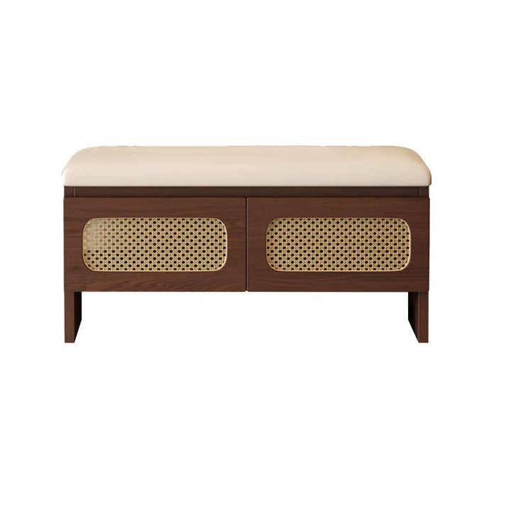 Traditional Japanese Rectangular Rubberwood PU Leather PVC Rattan Shoe Storage Bench For Entryway