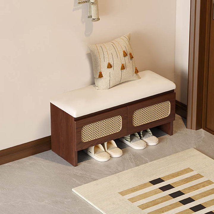 Traditional Japanese Rectangular Rubberwood PU Leather PVC Rattan Shoe Storage Bench For Entryway