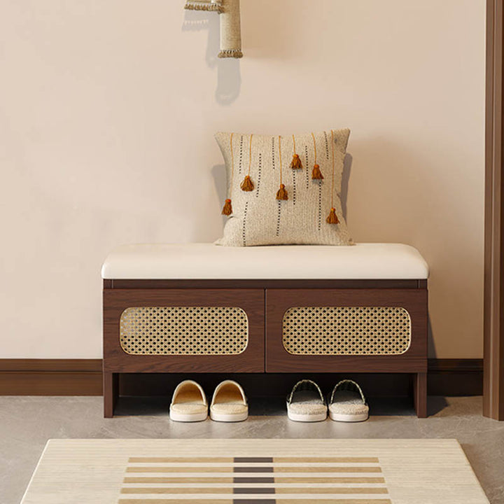 Traditional Japanese Rectangular Rubberwood PU Leather PVC Rattan Shoe Storage Bench For Entryway