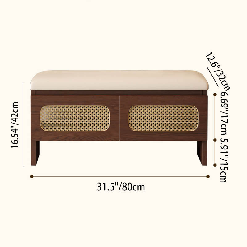 Traditional Japanese Rectangular Rubberwood PU Leather PVC Rattan Shoe Storage Bench For Entryway