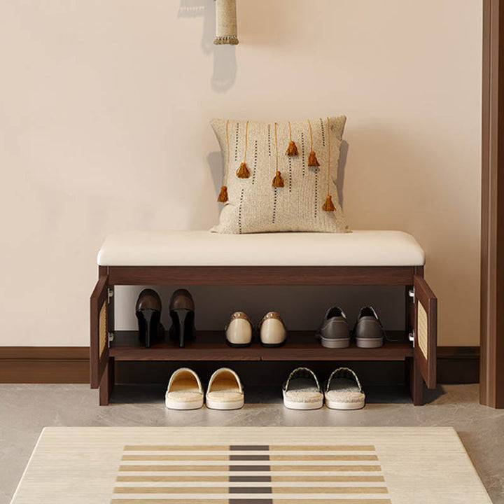 Traditional Japanese Rectangular Rubberwood PU Leather PVC Rattan Shoe Storage Bench For Entryway
