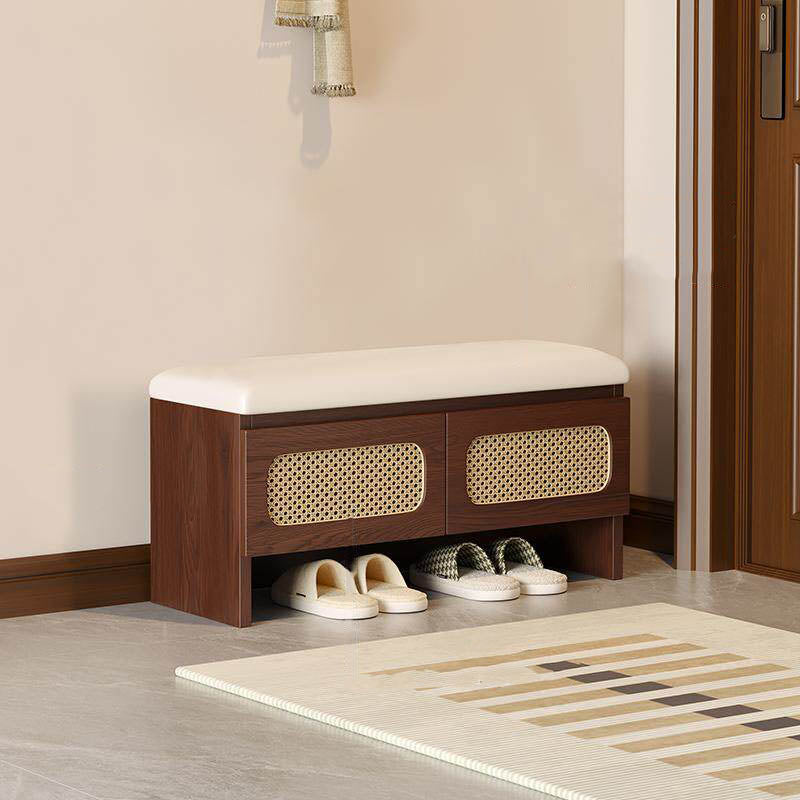 Traditional Japanese Rectangular Rubberwood PU Leather PVC Rattan Shoe Storage Bench For Entryway