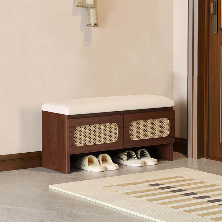 Traditional Japanese Rectangular Rubberwood PU Leather PVC Rattan Shoe Storage Bench For Entryway