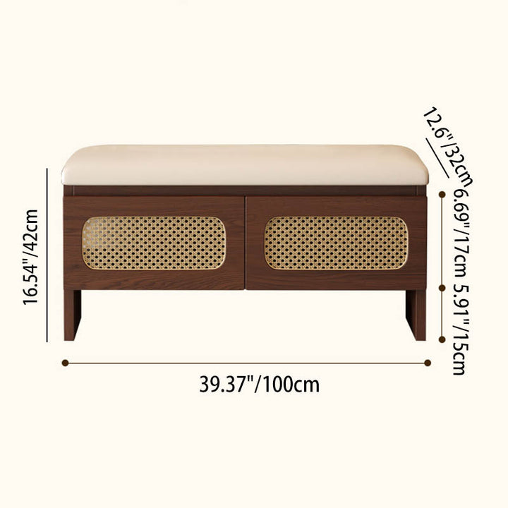 Traditional Japanese Rectangular Rubberwood PU Leather PVC Rattan Shoe Storage Bench For Entryway