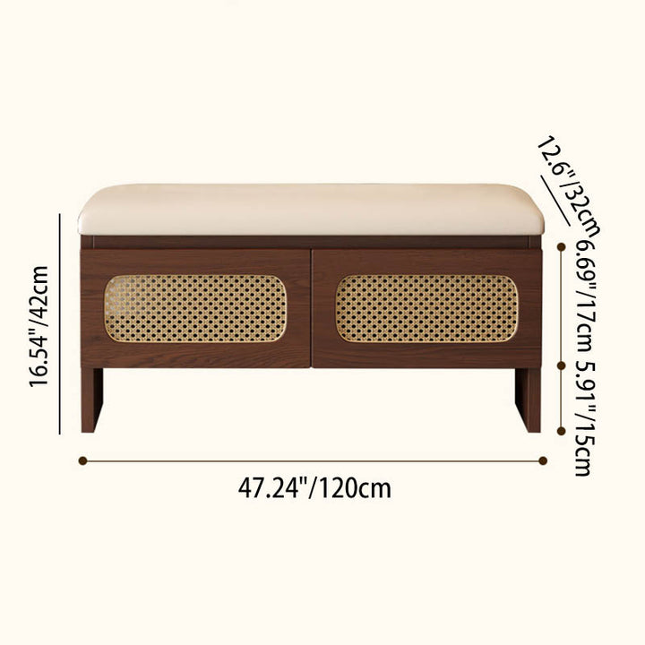 Traditional Japanese Rectangular Rubberwood PU Leather PVC Rattan Shoe Storage Bench For Entryway