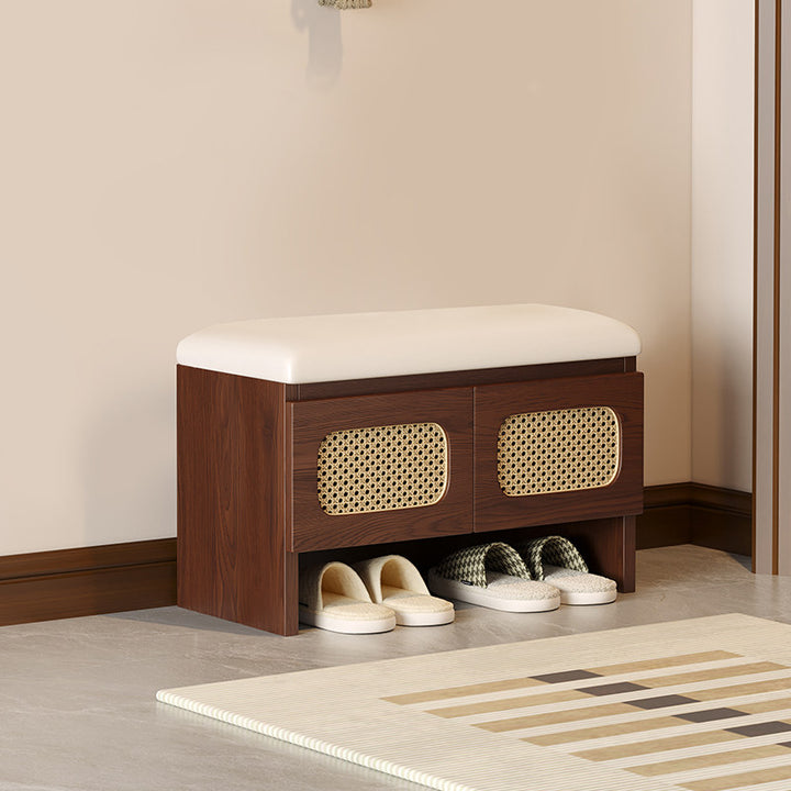 Traditional Japanese Rectangular Rubberwood PU Leather PVC Rattan Shoe Storage Bench For Entryway