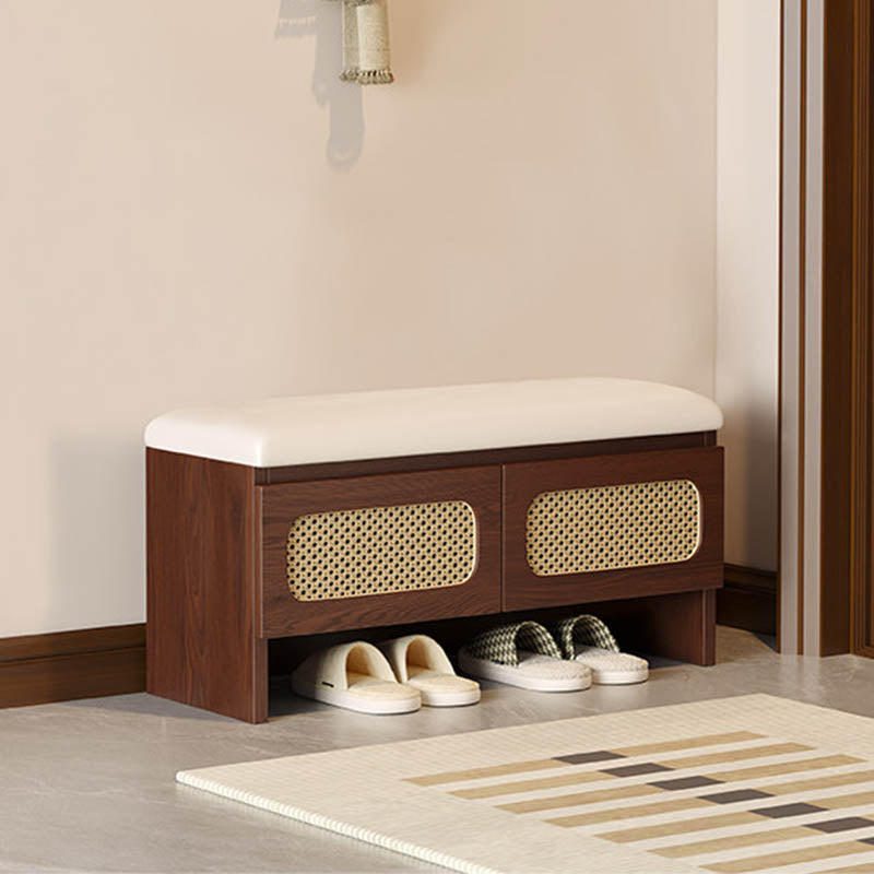 Traditional Japanese Rectangular Rubberwood PU Leather PVC Rattan Shoe Storage Bench For Entryway