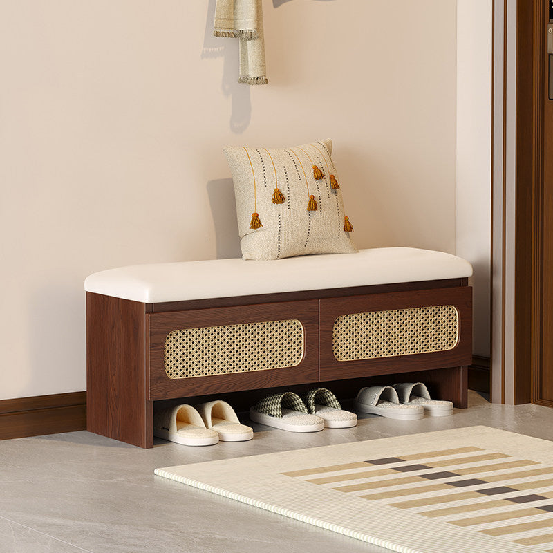 Traditional Japanese Rectangular Rubberwood PU Leather PVC Rattan Shoe Storage Bench For Entryway