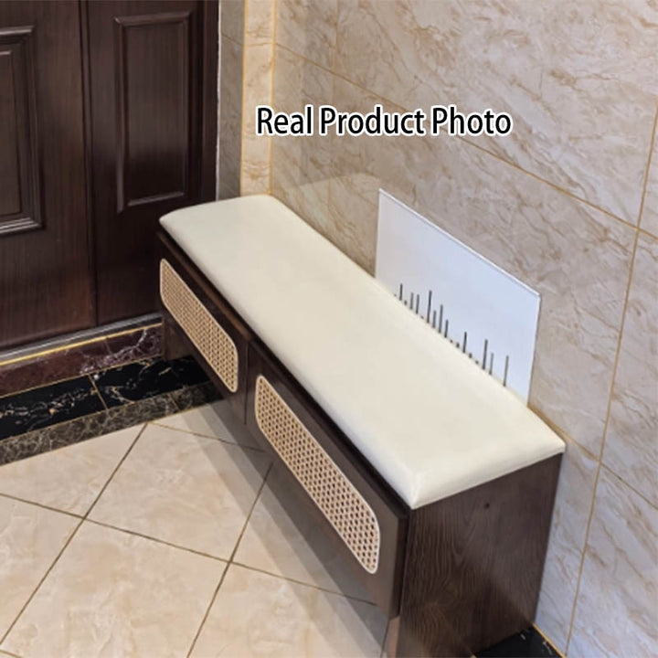 Traditional Japanese Rectangular Rubberwood PU Leather PVC Rattan Shoe Storage Bench For Entryway