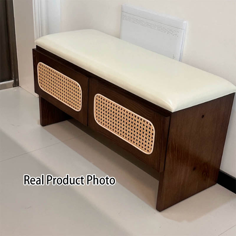 Traditional Japanese Rectangular Rubberwood PU Leather PVC Rattan Shoe Storage Bench For Entryway