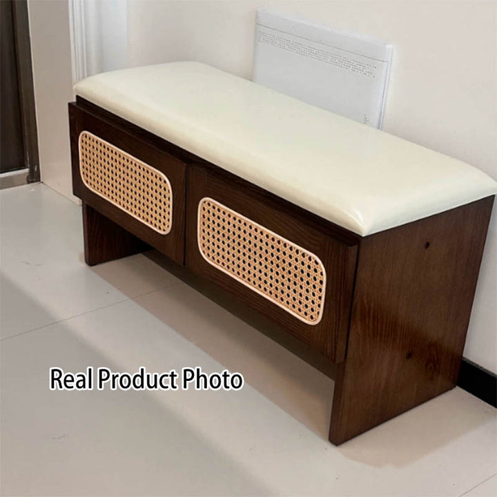 Traditional Japanese Rectangular Rubberwood PU Leather PVC Rattan Shoe Storage Bench For Entryway