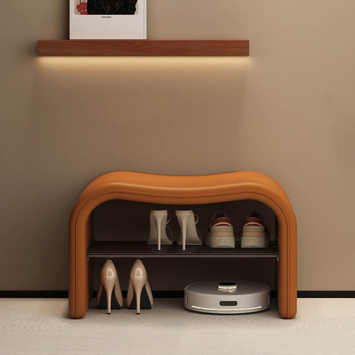 Modern Minimalist Wave PU Leather Carbon Steel Shoe Storage Bench Backless Armless For Entryway