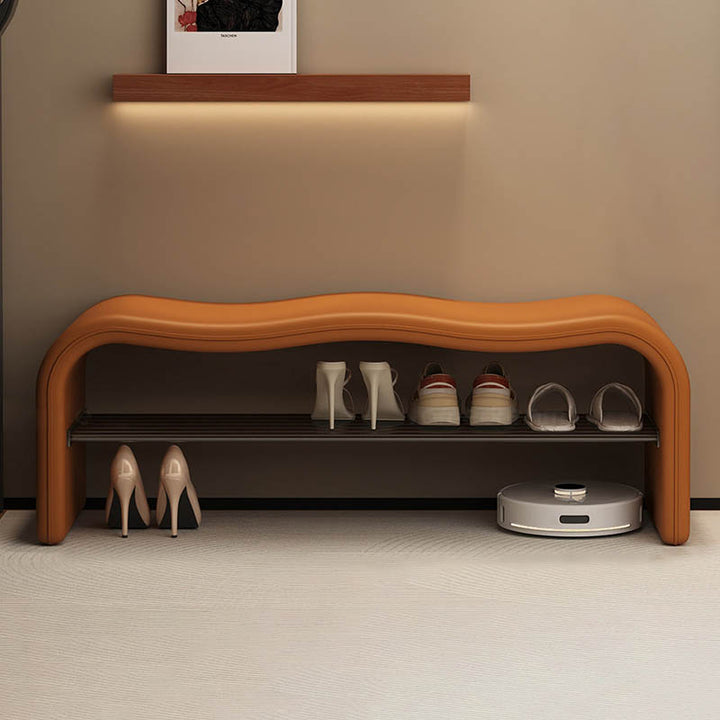 Modern Minimalist Wave PU Leather Carbon Steel Shoe Storage Bench Backless Armless For Entryway