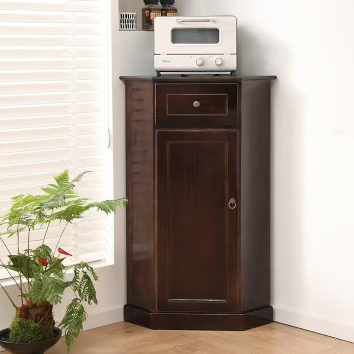Traditional Chinese Rectangular Paulownia Wood Corner Storage Cabinet 1-Drawer For Living Room