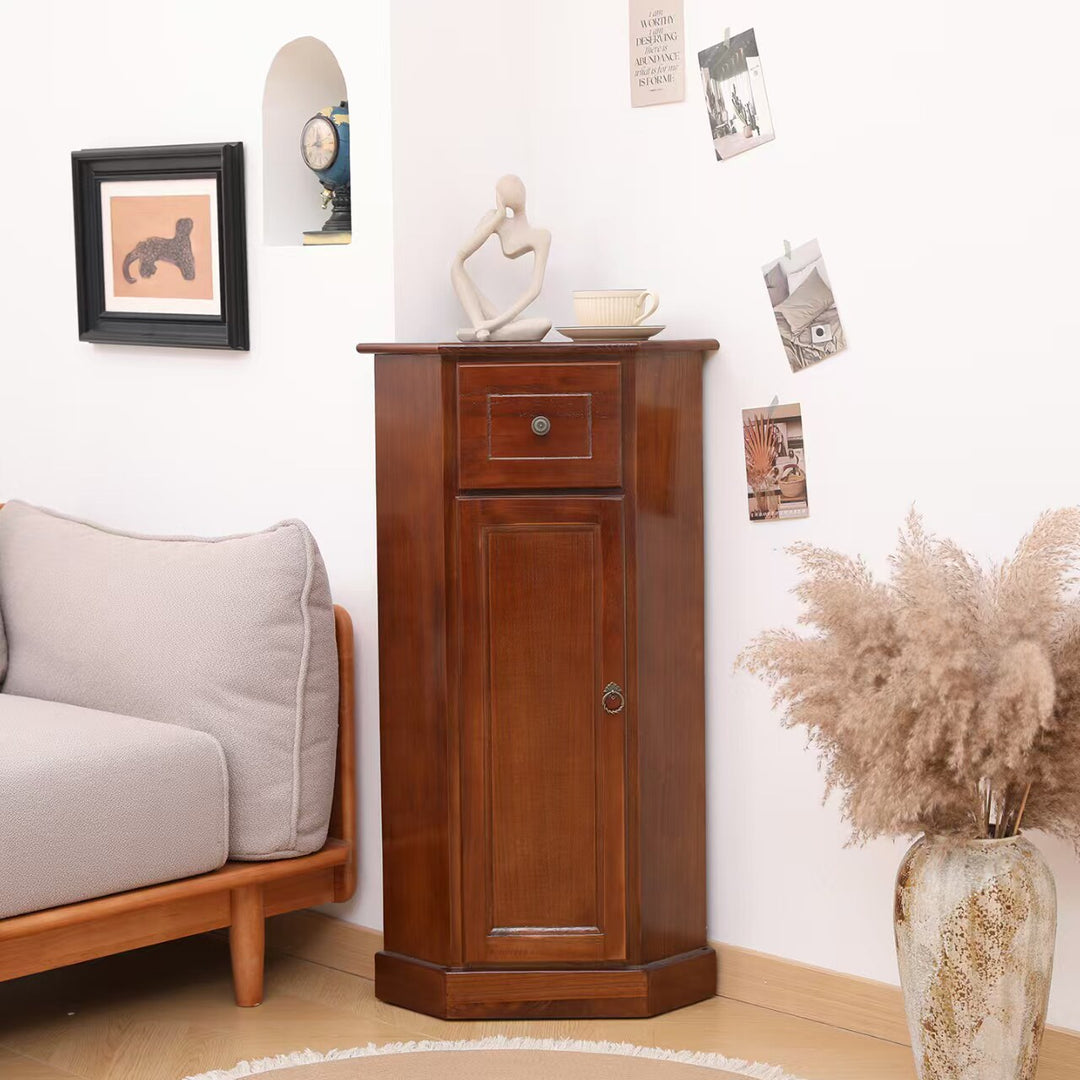 Traditional Chinese Rectangular Paulownia Wood Corner Storage Cabinet 1-Drawer For Living Room