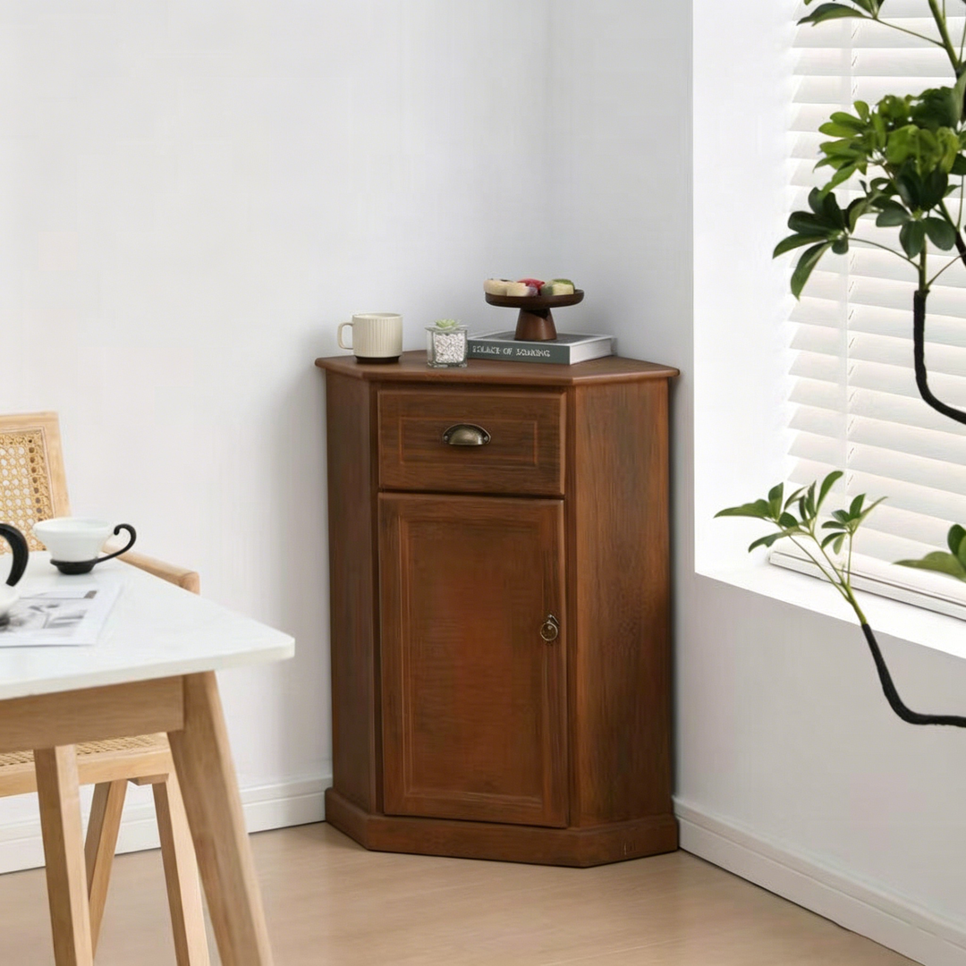 Traditional Chinese Rectangular Paulownia Wood Corner Storage Cabinet 1-Drawer For Living Room