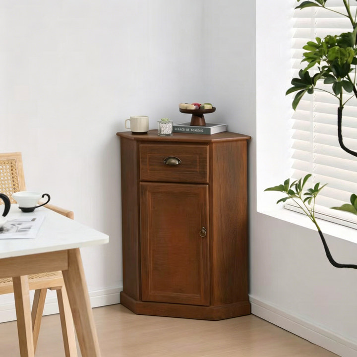Traditional Chinese Rectangular Paulownia Wood Corner Storage Cabinet 1-Drawer For Living Room