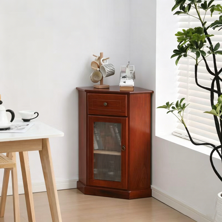 Traditional Chinese Rectangular Paulownia Wood Corner Storage Cabinet 1-Drawer For Living Room