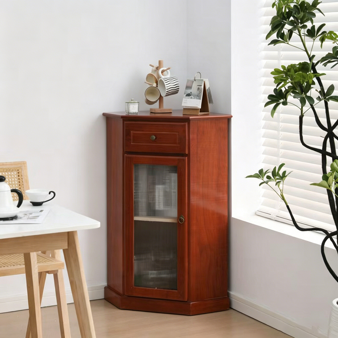 Traditional Chinese Rectangular Paulownia Wood Corner Storage Cabinet 1-Drawer For Living Room