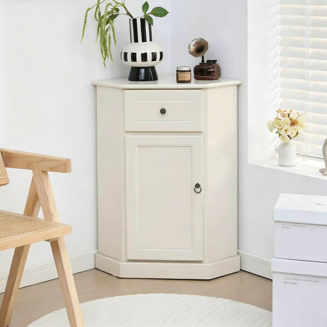Traditional Chinese Rectangular Paulownia Wood Corner Storage Cabinet 1-Drawer For Living Room