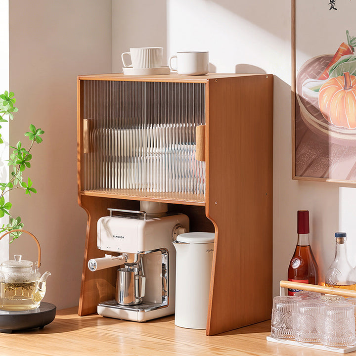Traditional Japanese Curved Bamboo MDF Glass Countertop Storage Cabinet 1/2-Tier For Kitchen
