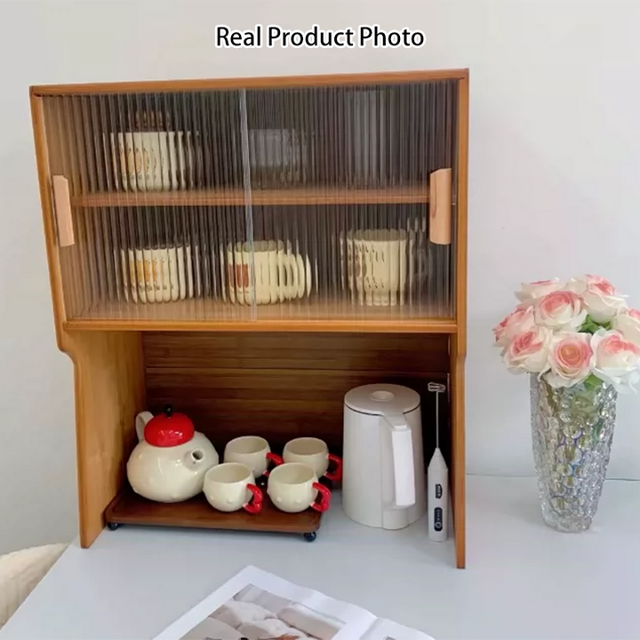 Traditional Japanese Curved Bamboo MDF Glass Countertop Storage Cabinet 1/2-Tier For Kitchen