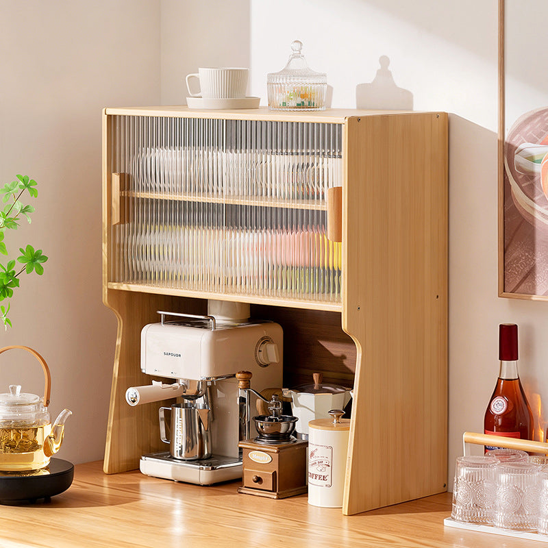 Traditional Japanese Curved Bamboo MDF Glass Countertop Storage Cabinet 1/2-Tier For Kitchen