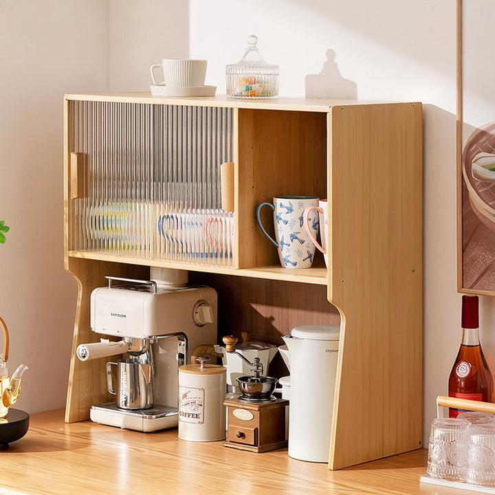 Traditional Japanese Curved Bamboo MDF Glass Countertop Storage Cabinet 1/2-Tier For Kitchen
