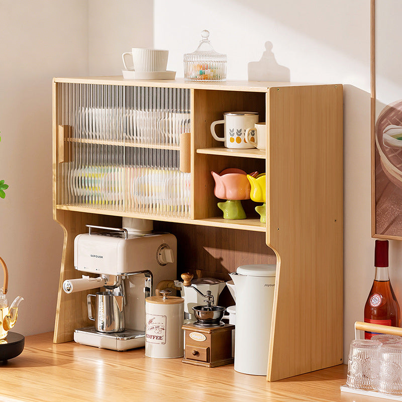 Traditional Japanese Curved Bamboo MDF Glass Countertop Storage Cabinet 1/2-Tier For Kitchen