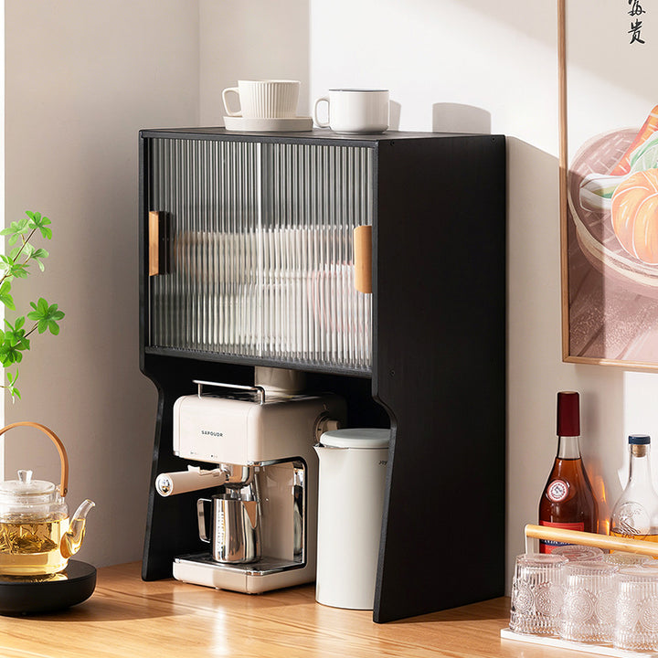 Traditional Japanese Curved Bamboo MDF Glass Countertop Storage Cabinet 1/2-Tier For Kitchen