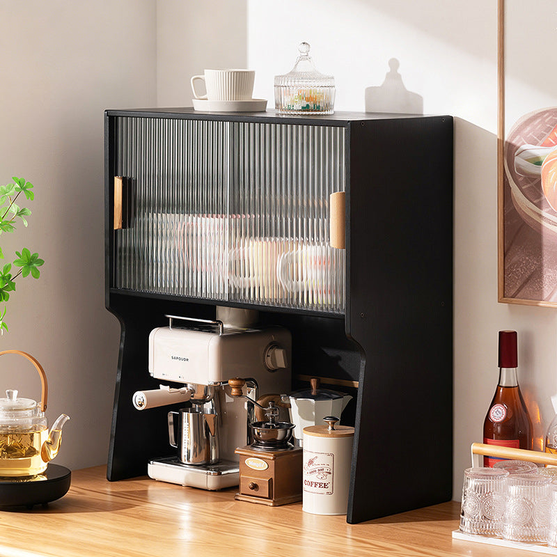 Traditional Japanese Curved Bamboo MDF Glass Countertop Storage Cabinet 1/2-Tier For Kitchen