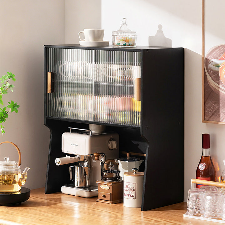 Traditional Japanese Curved Bamboo MDF Glass Countertop Storage Cabinet 1/2-Tier For Kitchen