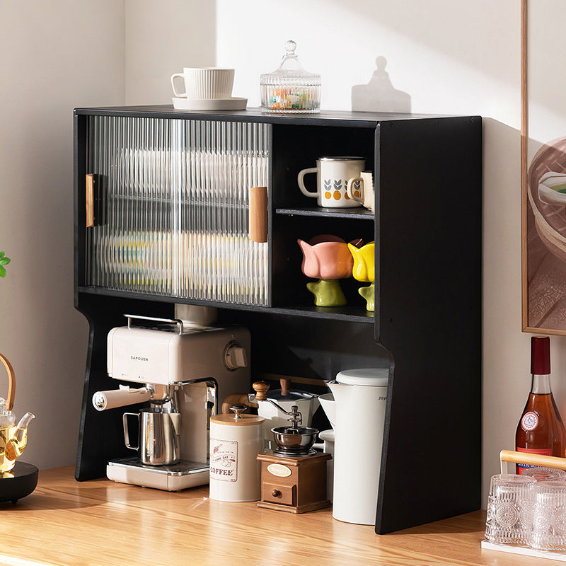 Traditional Japanese Curved Bamboo MDF Glass Countertop Storage Cabinet 1/2-Tier For Kitchen