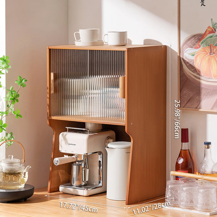Traditional Japanese Curved Bamboo MDF Glass Countertop Storage Cabinet 1/2-Tier For Kitchen