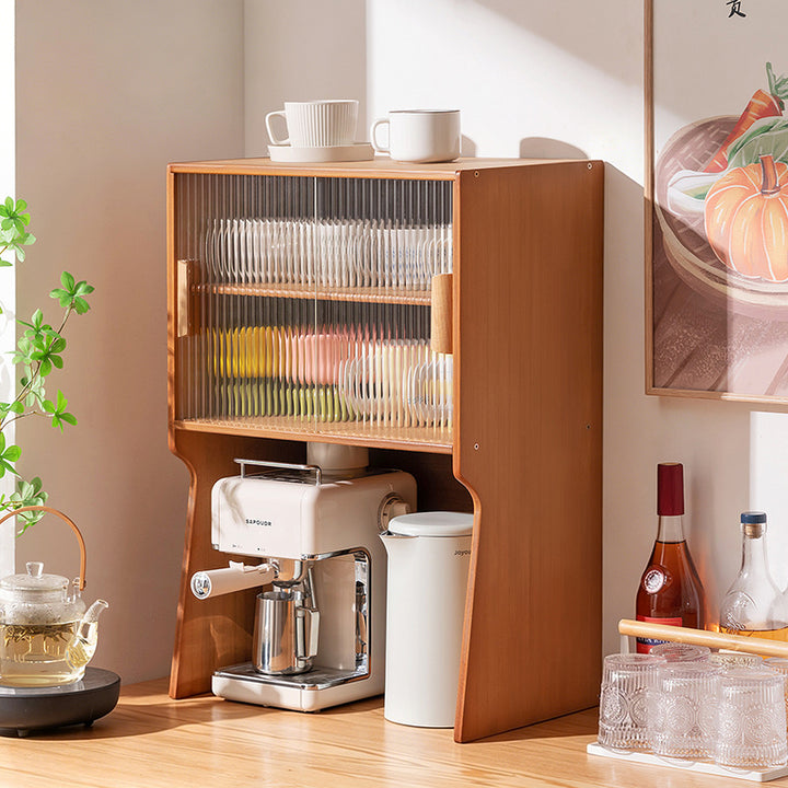 Traditional Japanese Curved Bamboo MDF Glass Countertop Storage Cabinet 1/2-Tier For Kitchen