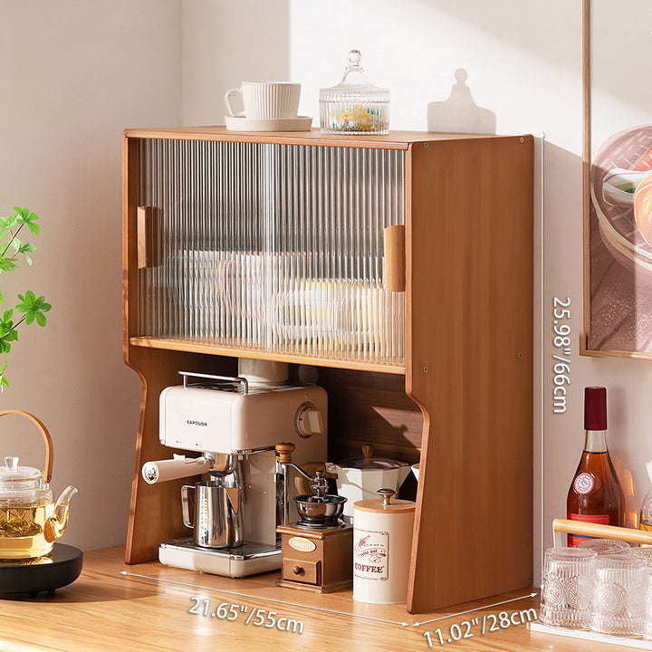 Traditional Japanese Curved Bamboo MDF Glass Countertop Storage Cabinet 1/2-Tier For Kitchen