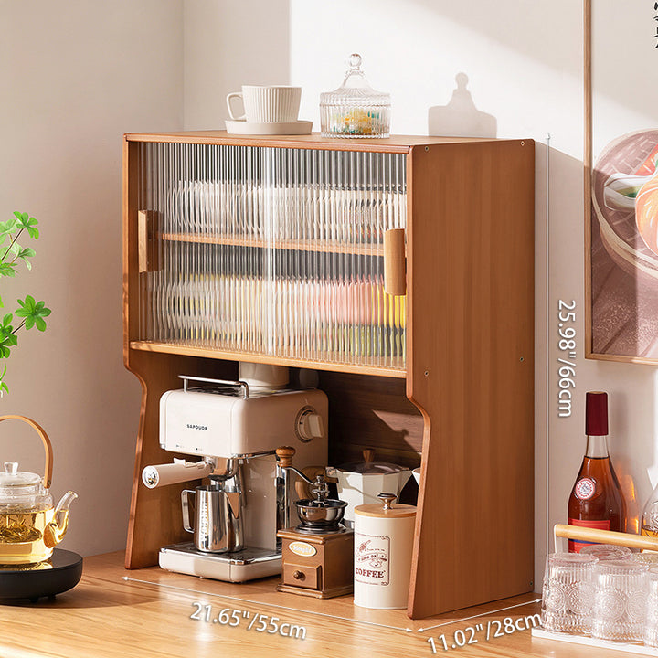 Traditional Japanese Curved Bamboo MDF Glass Countertop Storage Cabinet 1/2-Tier For Kitchen
