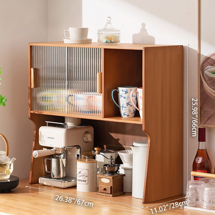 Traditional Japanese Curved Bamboo MDF Glass Countertop Storage Cabinet 1/2-Tier For Kitchen