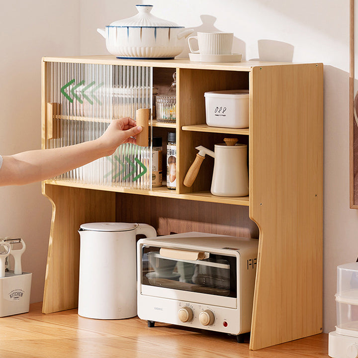 Traditional Japanese Curved Bamboo MDF Glass Countertop Storage Cabinet 1/2-Tier For Kitchen