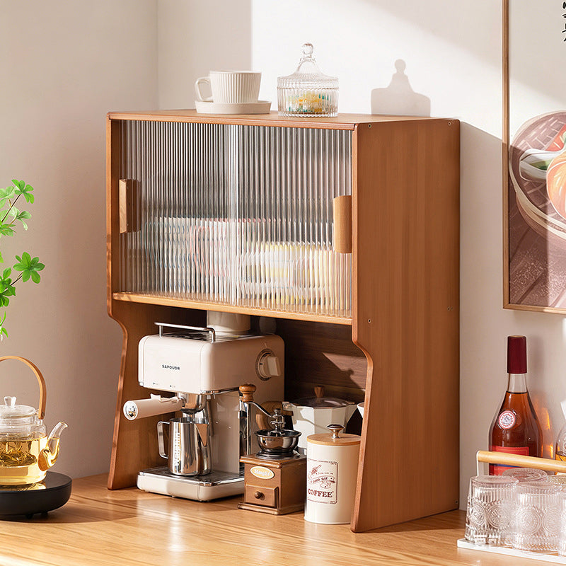 Traditional Japanese Curved Bamboo MDF Glass Countertop Storage Cabinet 1/2-Tier For Kitchen