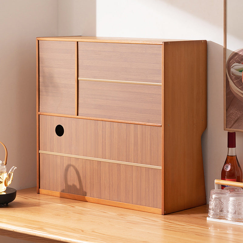 Traditional Japanese Curved Bamboo MDF Glass Countertop Storage Cabinet 1/2-Tier For Kitchen
