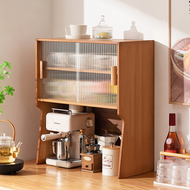 Traditional Japanese Curved Bamboo MDF Glass Countertop Storage Cabinet 1/2-Tier For Kitchen