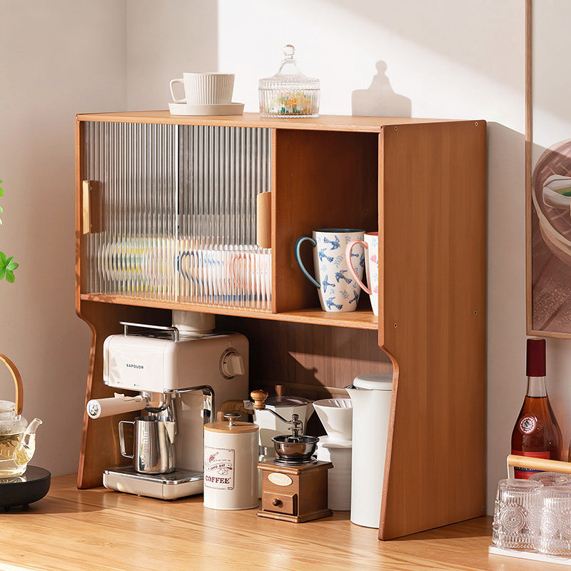 Traditional Japanese Curved Bamboo MDF Glass Countertop Storage Cabinet 1/2-Tier For Kitchen