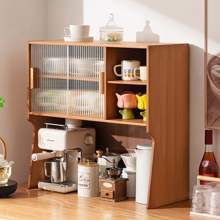 Traditional Japanese Curved Bamboo MDF Glass Countertop Storage Cabinet 1/2-Tier For Kitchen